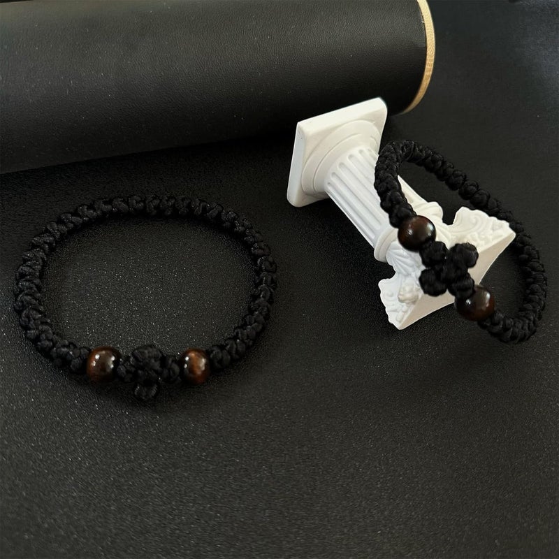 Bovemee Orthodox Prayer Rope Bracelet, 2-Pack Black Chotki Komboskini, Christian Prayer Beads with Cross - Image 3